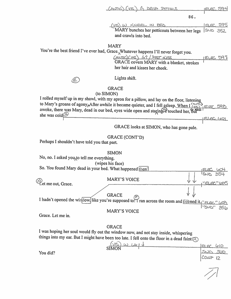 A sample page from the calling script for a professional production of Alias Grace.