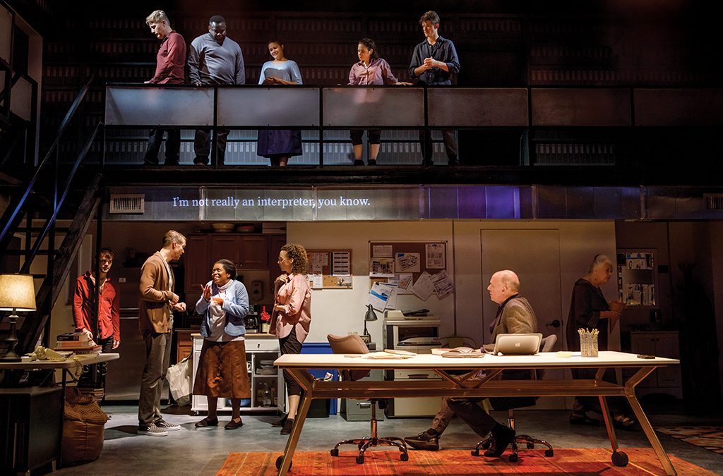 Shadow doubles of hearing actors provide ASL interpretation on the top level of a two-tiered set with supertitles in Craig Lucas’ I Was Most Alive With You.
