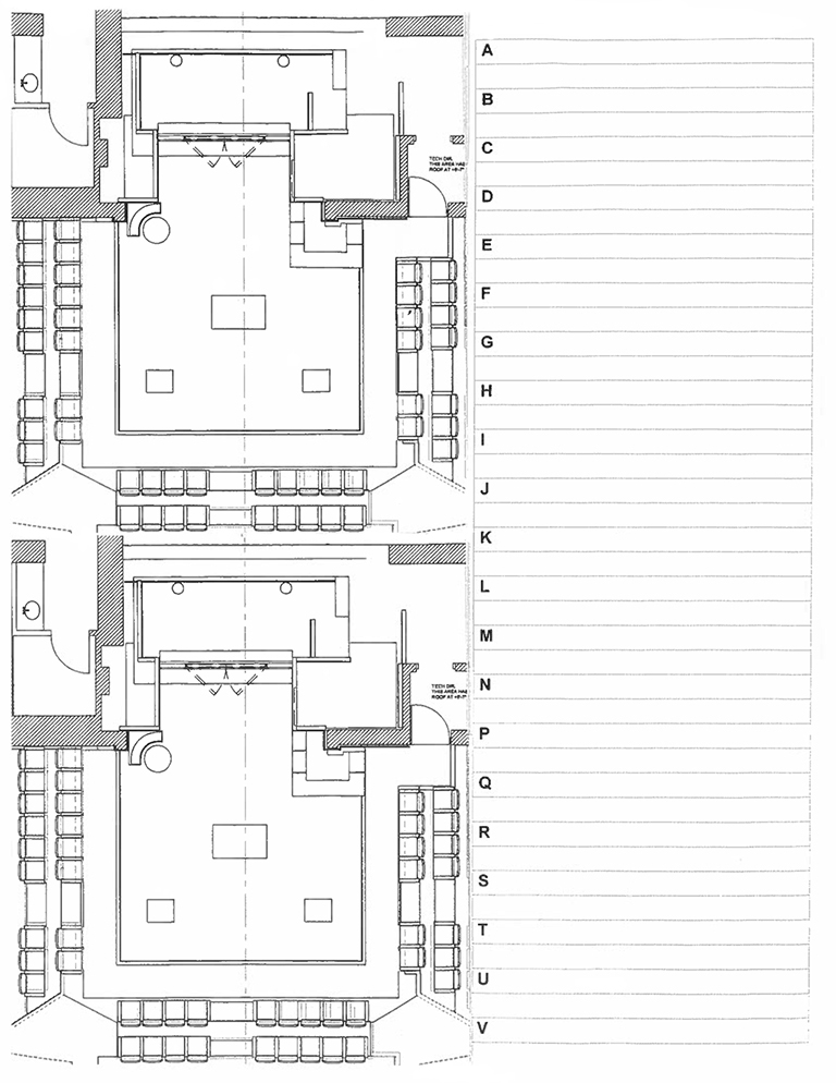 A blocking page with two small ground plans stacked on the left allows stage managers to divide the page of text in half.
