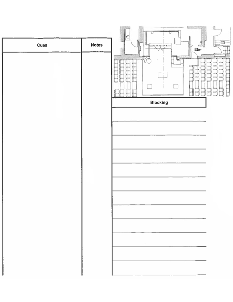 This promptbook page combines blocking and cue notes.