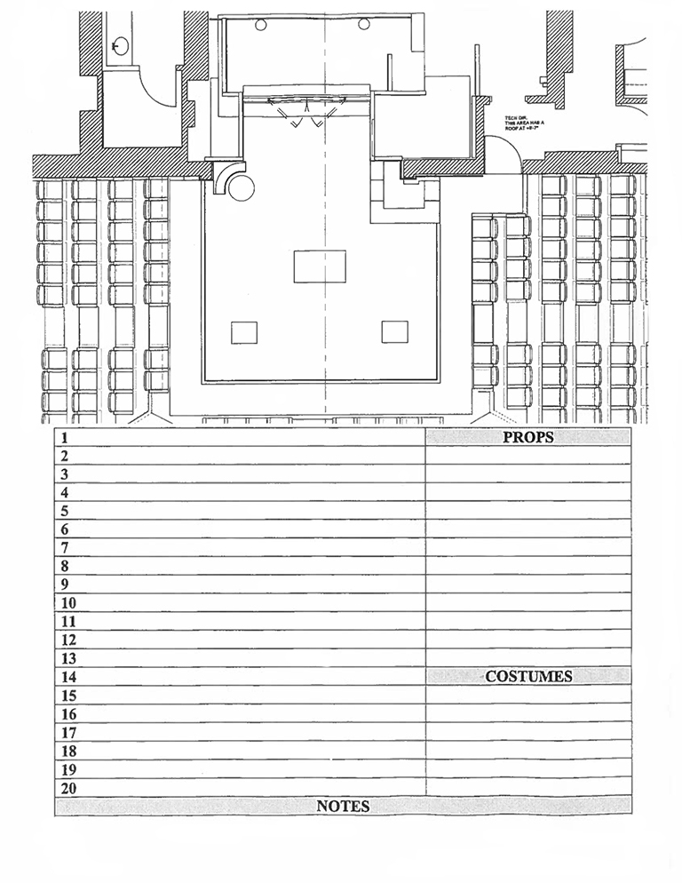 Using one large ground plan creates room to add props and costume notes on the blocking page.