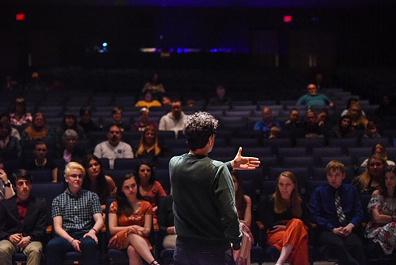 John Cariani addressed the Indian River Thespians during their May 2019 induction ceremony.