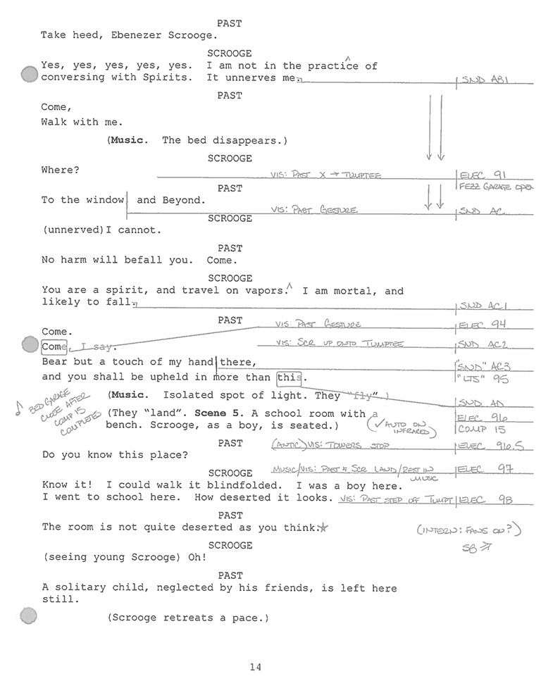 A sample page from the calling script for a professional production of A Christmas Carol.