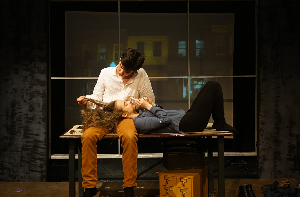 Leo Egger and Lucie Ciccone in the Durham School of the Art's production of Dead Man's Cell Phone.