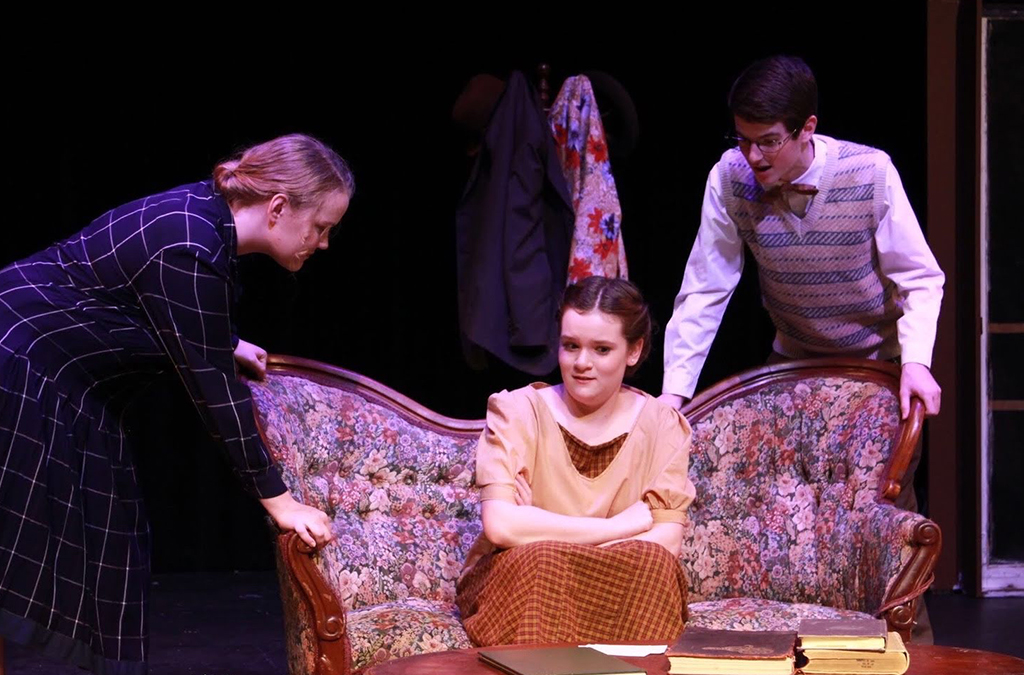 Kendall Tubbs, Sophia Campbell, and Kyler Valentine in the Flower Mound (Texas) High School production of Blind Date.