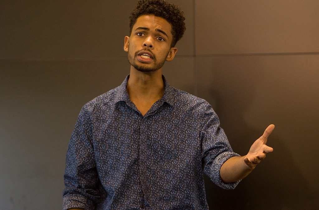 A Thespian gives it his all during his college audition at the 2018 International Thespian Festival.