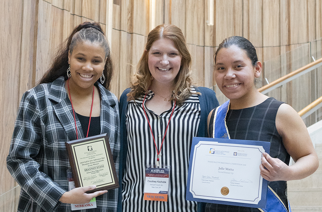 Democracyworks winner Brannon Evans (left) and second runner up Julie Matta with program sponsor Courtney Kochuba of Samuel French.