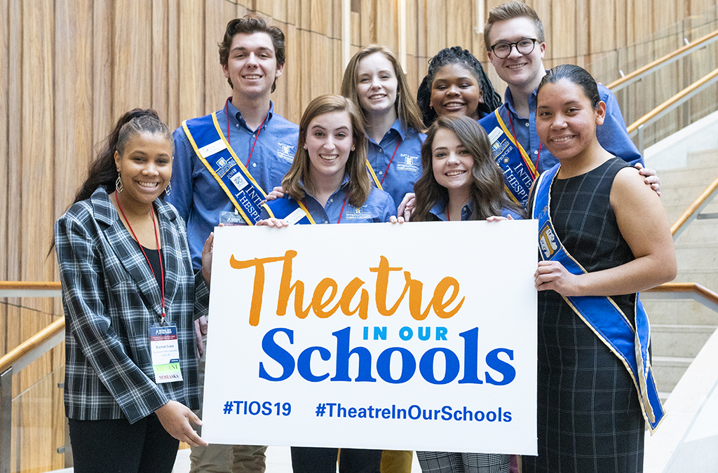 Brannon Evans (front, far left) with 2018-19 International Thespian Officers and Democracyworks runner-up Julie Matta during the National Arts Action Summit.