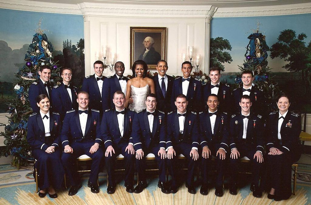 Julian Gluck and members of In the Stairwell with President Barack Obama and first lady Michelle Obama.