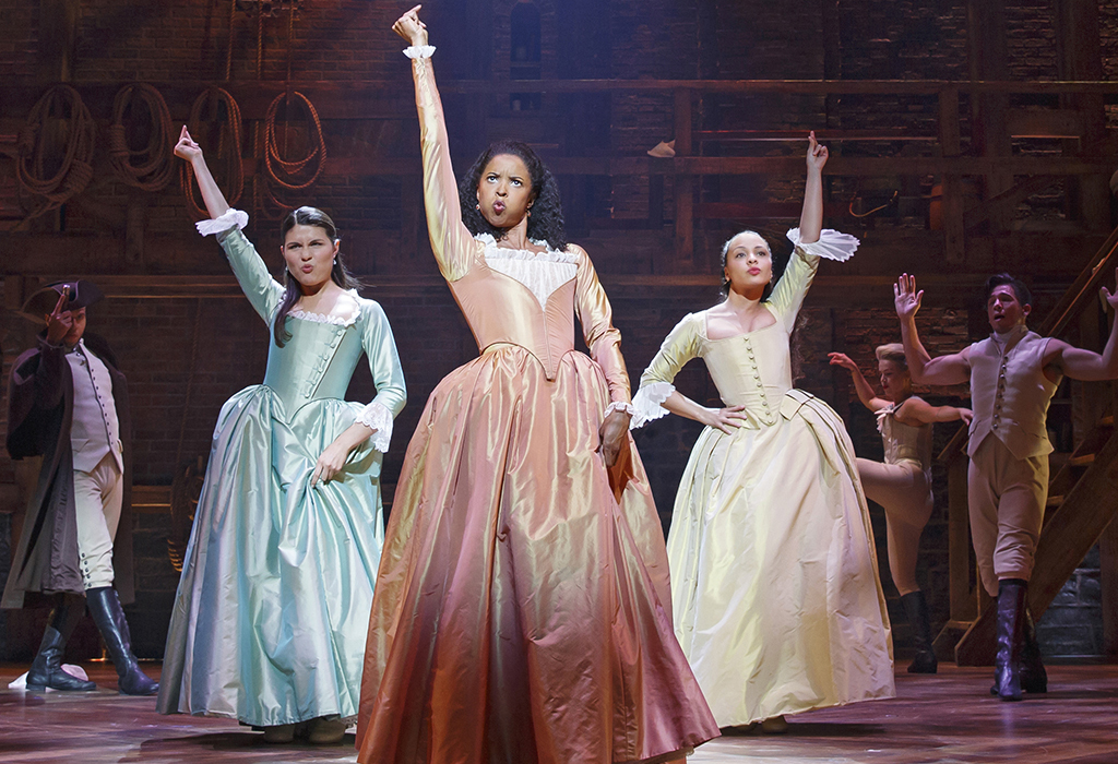 Phillipa Soo, Elise Renee Goldsberry, and Jasmine Cephas Jones in Hamilton