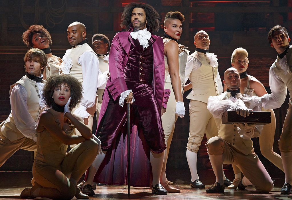 Daveed Diggs (center) as Thomas Jefferson with the company of Hamilton.