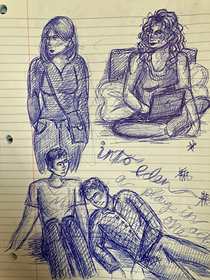 Sketching character portraits and hanging them in your writing space can help you move forward when stuck in a rut. 