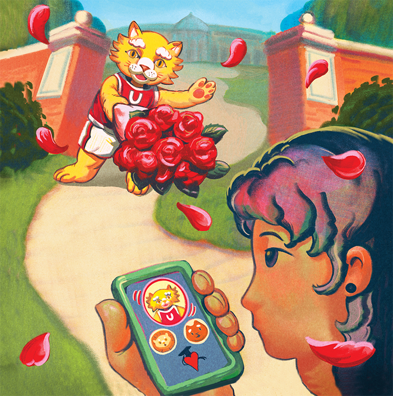 College mascot with flowers courting a student applicant