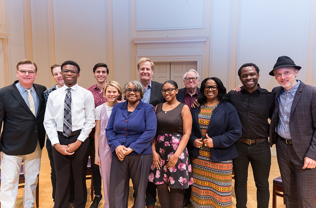 The cast and creative team of To Kill a Mockingbird with students and teachers from McKinley Technology High School: (left to right) Aaron Sorkin, Will Pullen, Honor Thespian Clark Gray, Gideon Glick, Celia Keenan-Bolger, Troupe Director Andri White, Jeff Daniels, Thespian Dasia Dyson, Dakin Matthews, LaTanya Richardson-Jackson, Gbenga Akinnagbe, and Neal Huff.