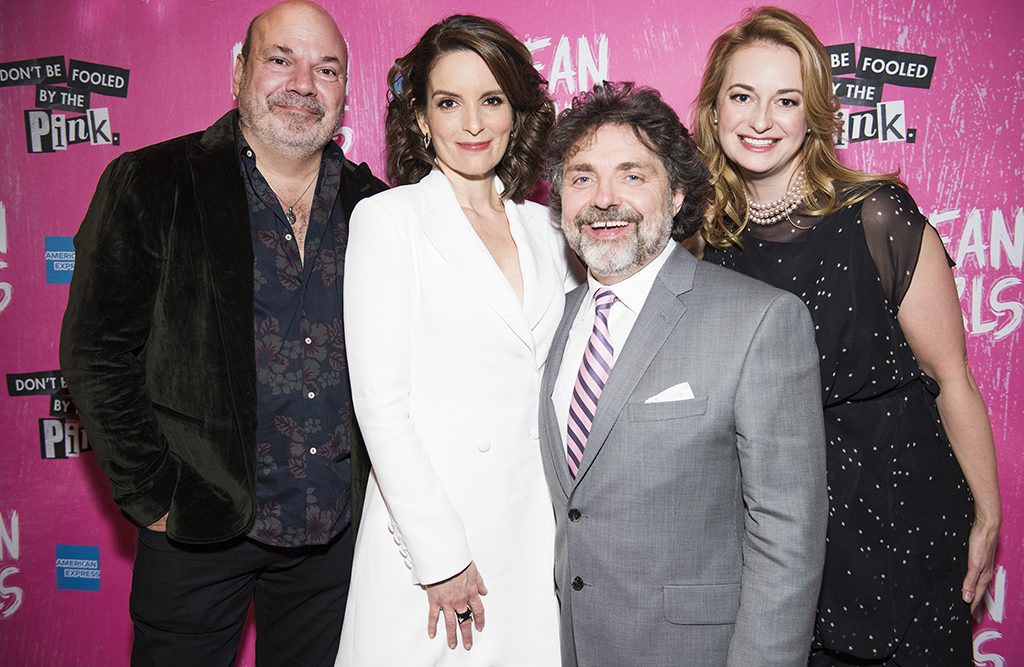 Tina Fey with members of the Mean Girls creative team, from left to right, Casey Nicholaw, Jeff Richmond, and Nell Benjamin.