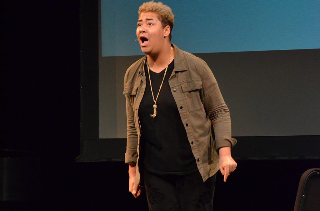 Photo of Thespian performing a monologue at the Photo from the 2016 International Thespian Festival.