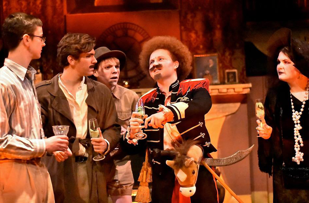 Jack Ruppert, Max Opitz, Carter Greene, Anthony Fantin, and Erin Deegan in Edina High School's production of Murder Crime at Brockingsford Manor.