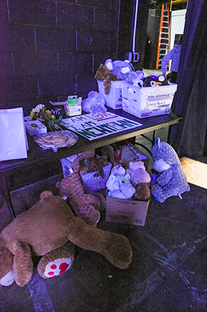 The backstage props table from Parkland High School’s 2019 International Thespian Festival production of 26 Pebbles.
