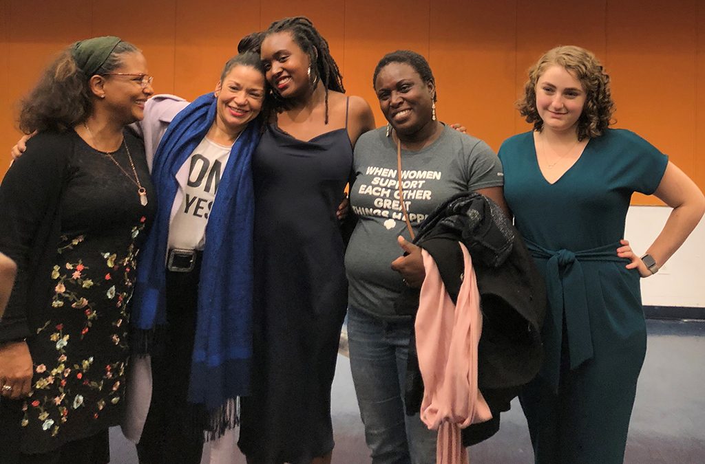 Pharel (center) with her mother, producers, former director, and dramaturg at the 2019 reading of her play Lucky.