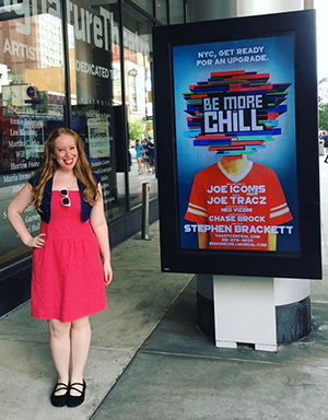 Jennifer Ashley Tepper in front of Signature Center for the 2018 Off-Broadway production of Be More Chill.