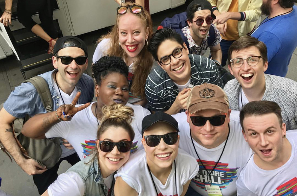 Jennifer Ashley Tepper (second from left in the back row) with the Be More Chill company at the 2018 Broadway in Bryant Park event.