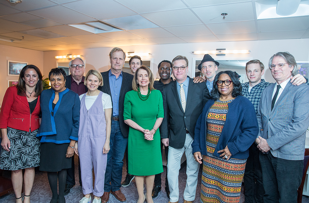 Julie Cohen Theobald, Librarian of Congress Carla Hayden, Dakin Matthews, Celia Keenan-Bolger, Jeff Daniels, Gideon Glick, House Speaker Nancy Pelosi, Gbenga Akinnagbe, Aaron Sorkin, Neal Huff, LaTanya Richardson Jackson, Will Pullen, Bartlett Sher in the green room at the Library of Congress.