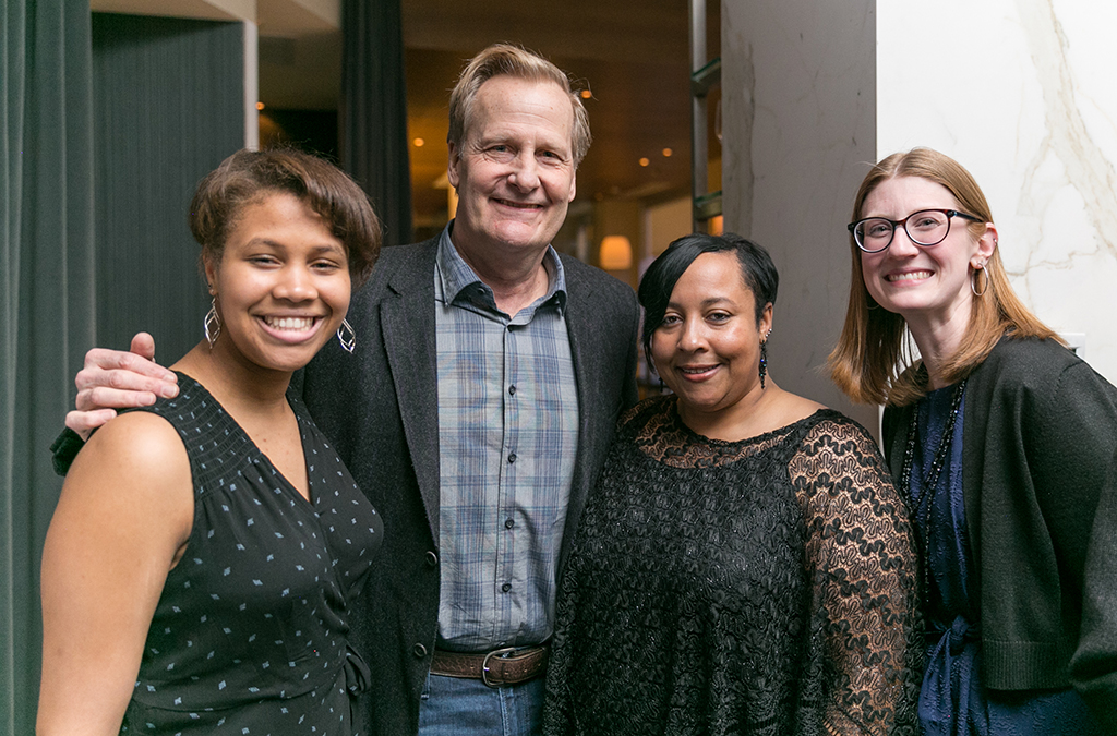 Democracyworks winner Brannon Evans, actor Jeff Daniels, Helen Evans, and teacher Brooke Phillips.