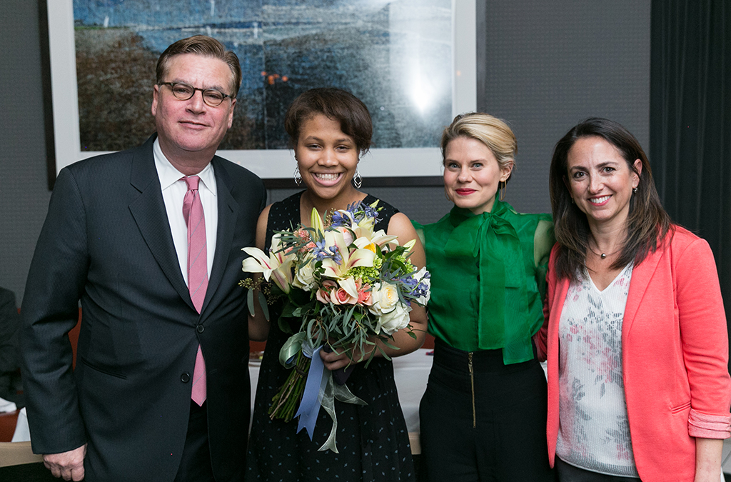 Playwright Aaron Sorkin, Democracyworks winner Brannon Evans, actress Celia Keenan-Bolger, and EdTA Executive Director Julie Cohen Theobald.