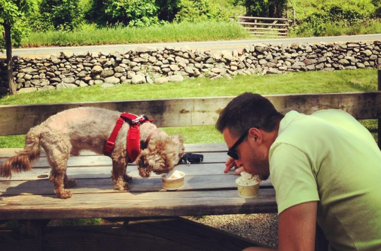 Playwright Eric Ulloa and his dog Bastian in Newtown. Photo courtesy of Eric Ulloa.