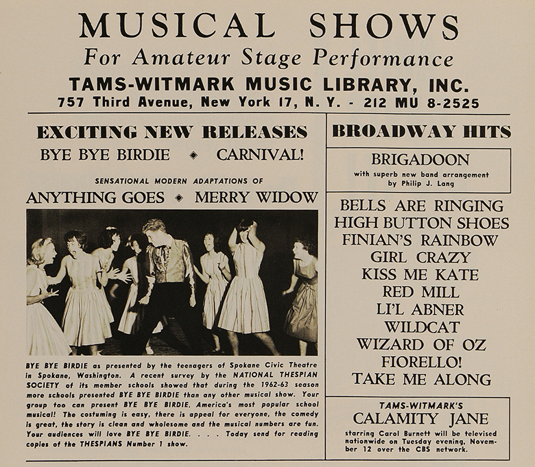 This 1963 advertisement in Dramatics touts Bye Bye Birdie as the most-produced musical in high schools during the 1962-63 season.